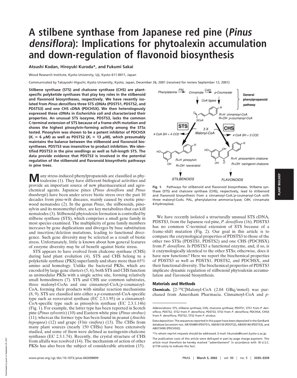 A Stilbene Synthase from Japanese Red Pine (Pinus Densiflora): Implications for Phytoalexin Accumulation and Down-Regulation of Flavonoid Biosynthesis