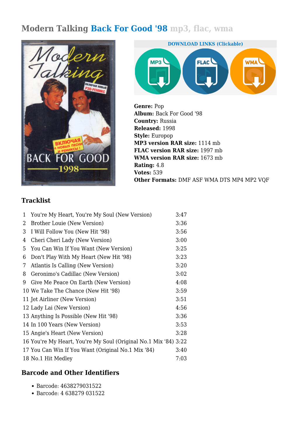 Modern Talking Back for Good '98 Mp3, Flac, Wma