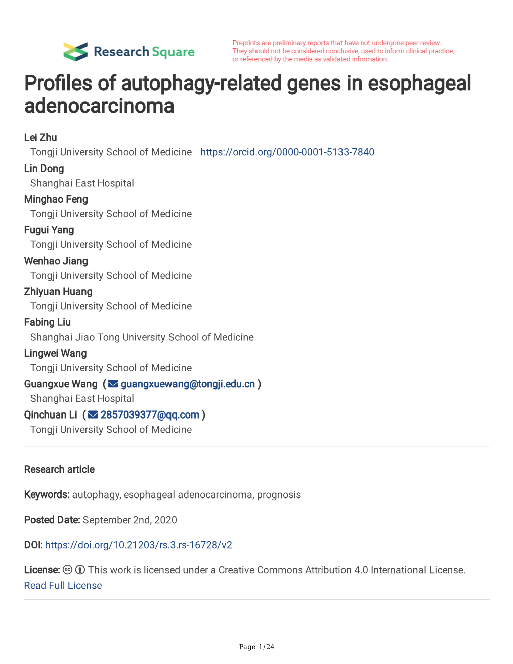 Pro Les of Autophagy-Related Genes in Esophageal Adenocarcinoma