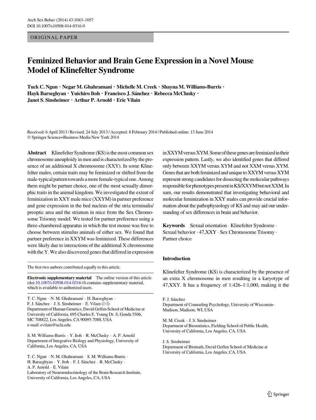 Feminized Behavior and Brain Gene Expression in a Novel Mouse Model of Klinefelter Syndrome