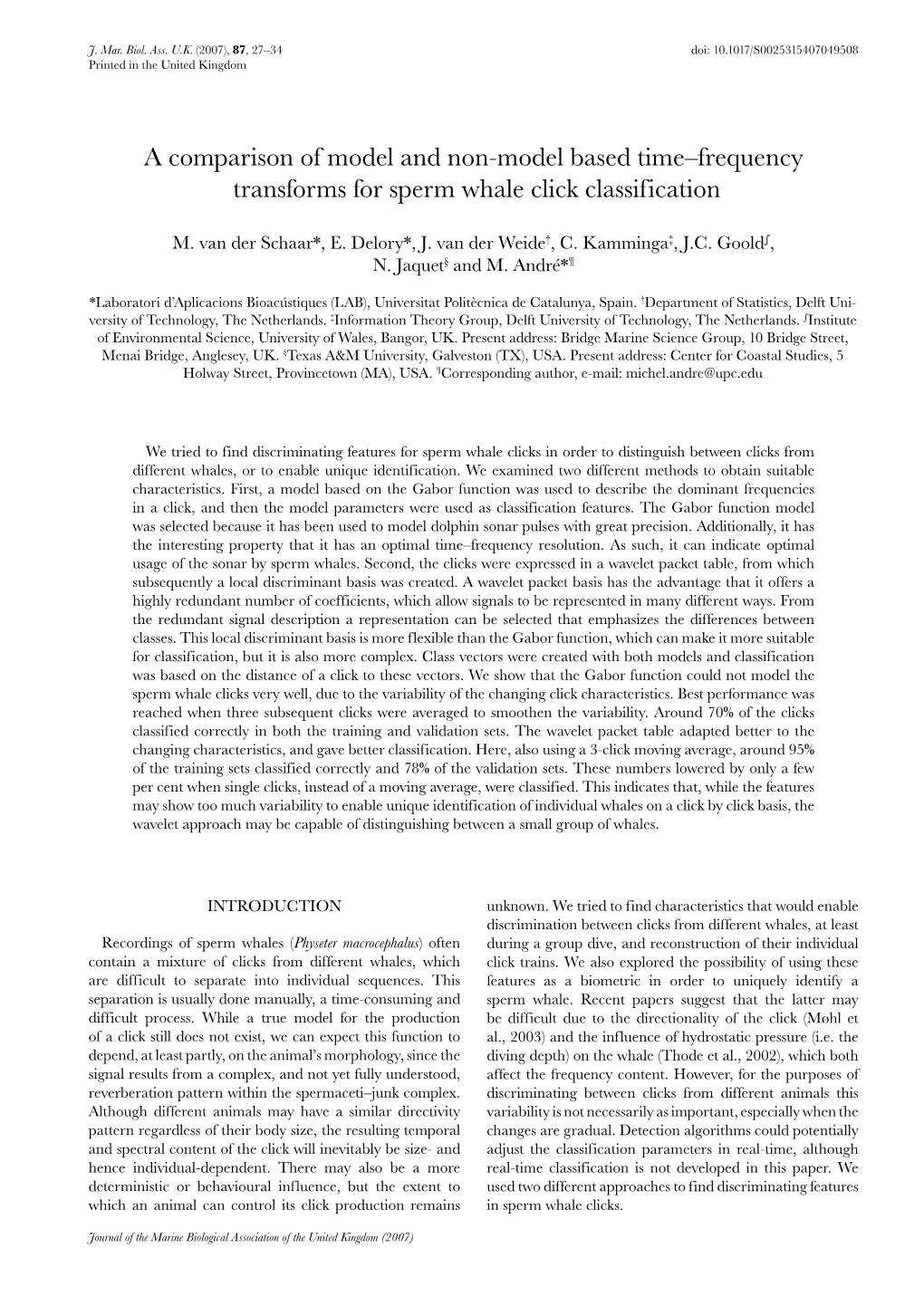 A Comparison of Model and Non-Model Based Time-Frequency Transforms for Sperm Whale Click Classification