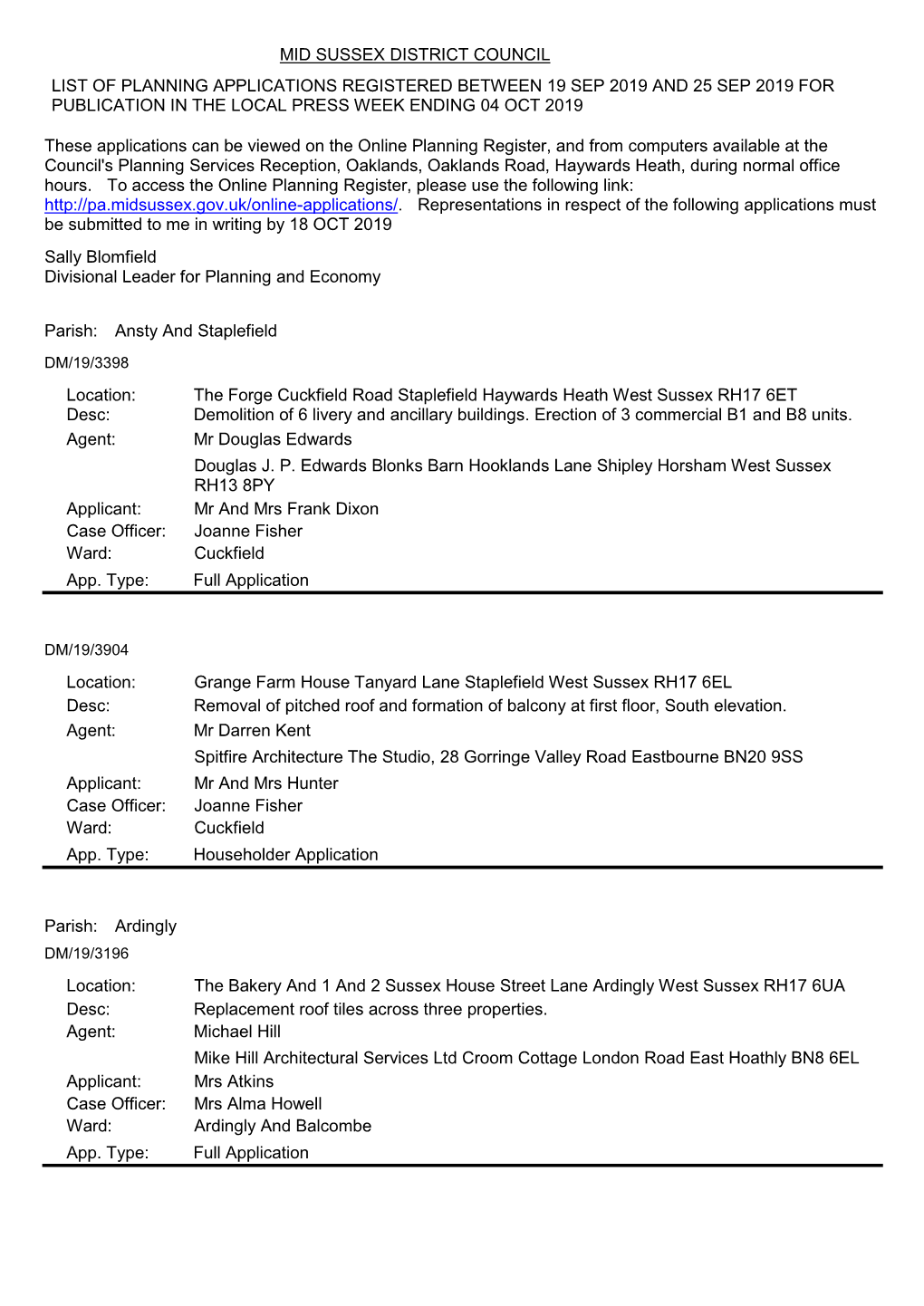 Planning Applications Received 19 September to 25 September 2019