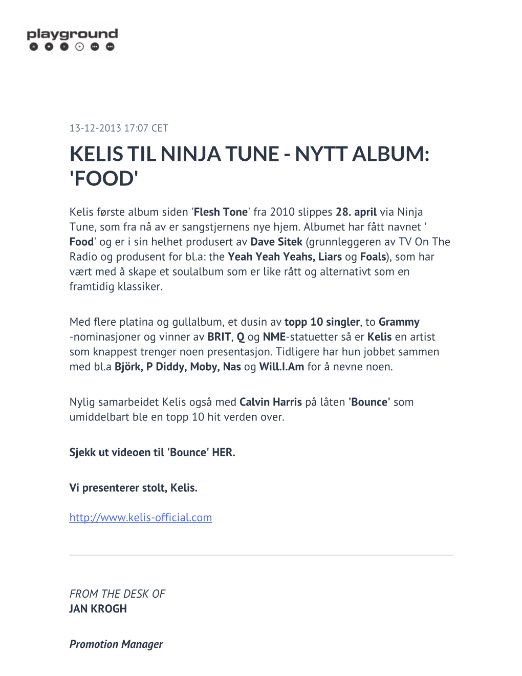 Kelis Til Ninja Tune - Nytt Album: 'Food'