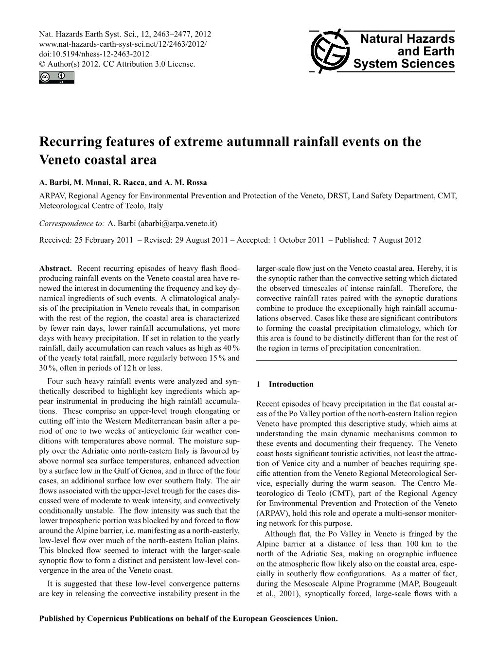 Recurring Features of Extreme Autumnall Rainfall Events on the Veneto Coastal Area