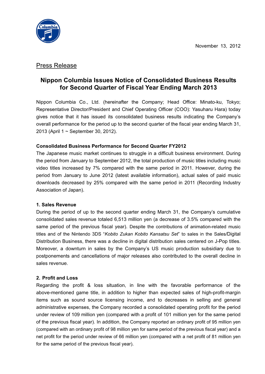 Press Release Nippon Columbia Issues Notice of Consolidated