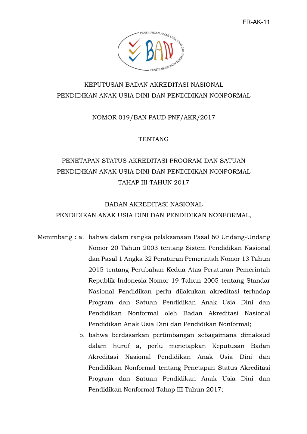 Fr-Ak-11 Keputusan Badan Akreditasi Nasional