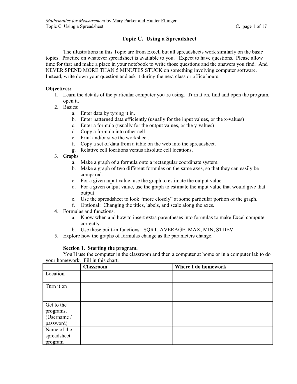 Topic C. Using a Spreadsheet C. Page 1 of 16