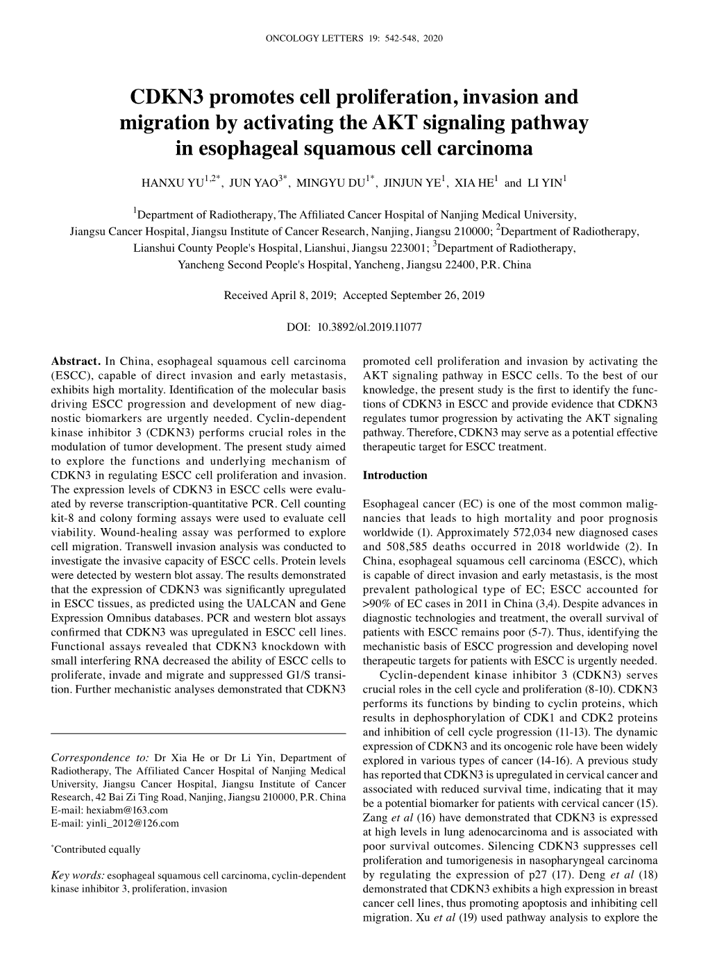 CDKN3 Promotes Cell Proliferation, Invasion and Migration by Activating the AKT Signaling Pathway in Esophageal Squamous Cell Carcinoma