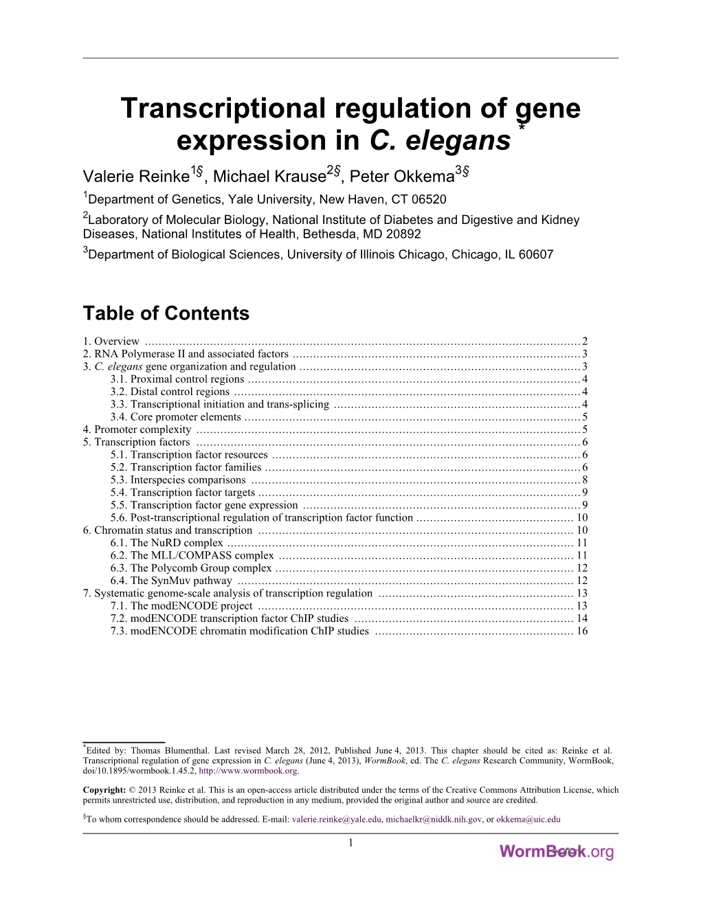 Transcriptional Regulation of Gene Expression in C. Elegans