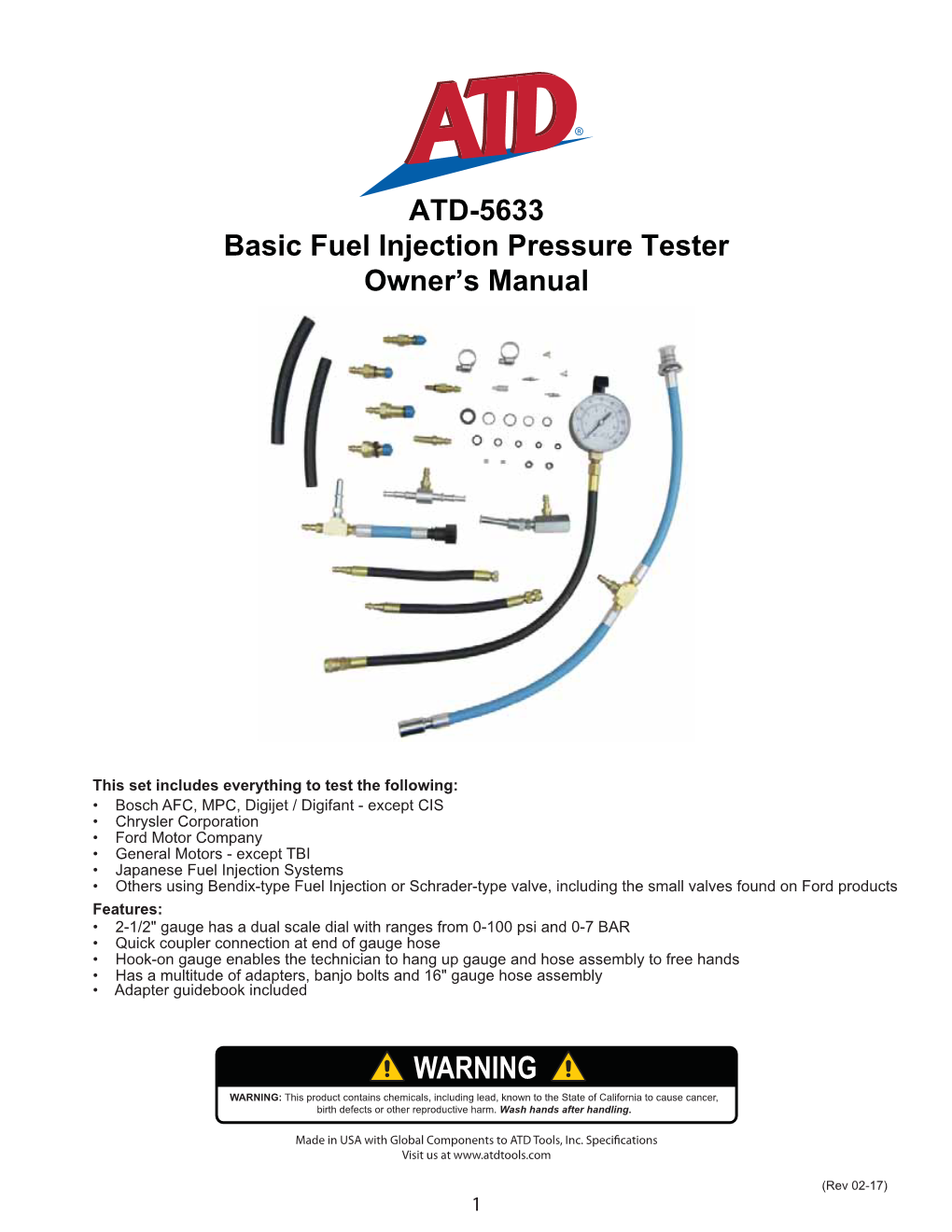 ATD-5633 Basic Fuel Injection Pressure Tester Owner's Manual