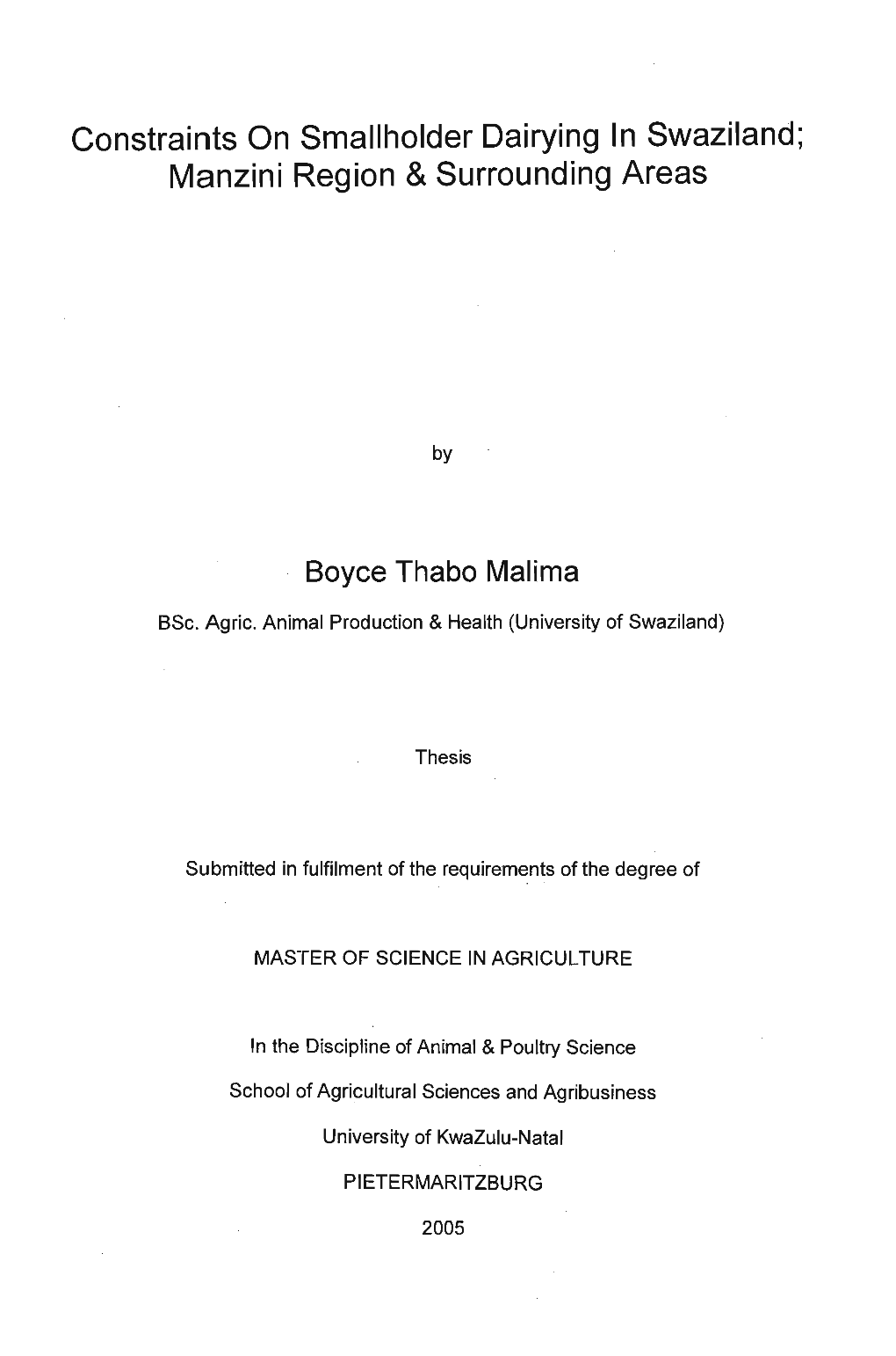 Constraints on Smallholder Dairying in Swaziland; Manzini Region & Surrounding Areas