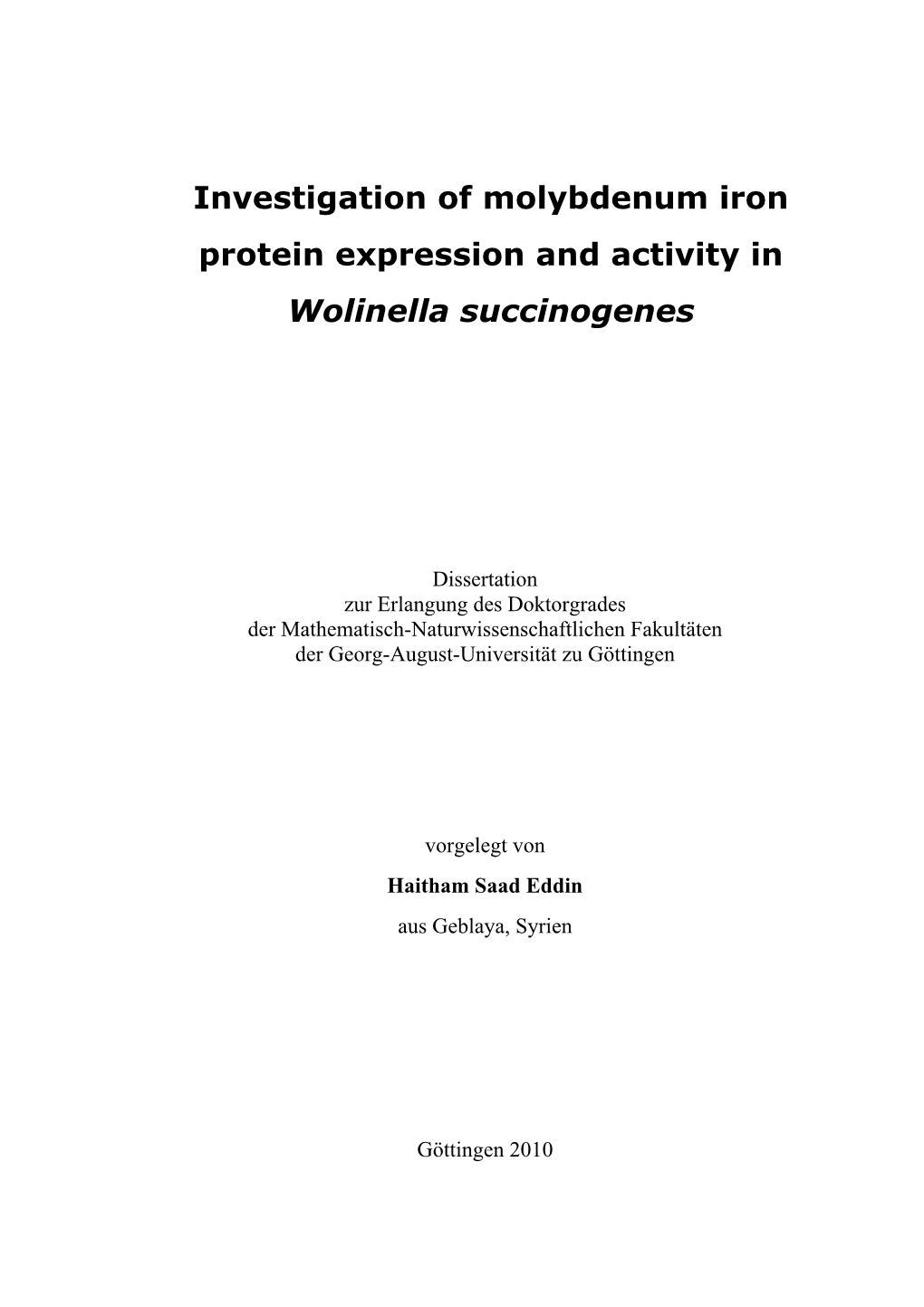 Investigation of Molybdenum Iron Protein Expression and Activity in Wolinella Succinogenes