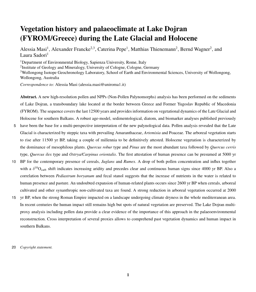 Vegetation History and Palaeoclimate at Lake Dojran (FYROM/Greece)