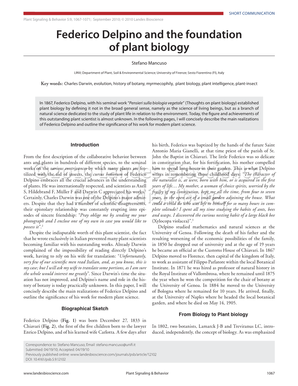 Federico Delpino and the Foundation of Plant Biology. Plant