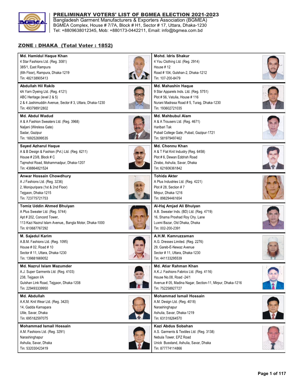 Preliminary Voters' List of Bgmea Election 2021-2023