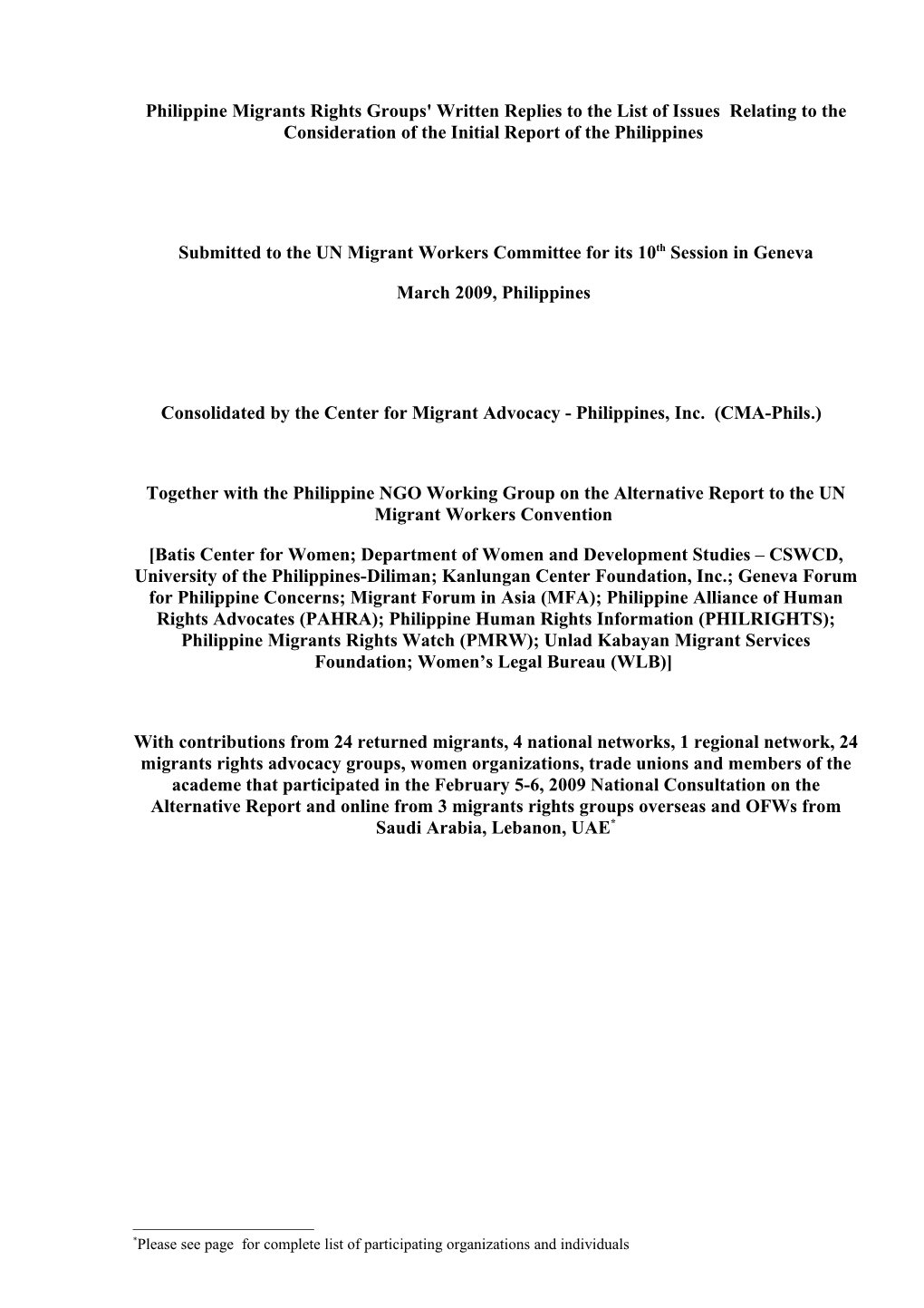 Philippine Migrants Rights Groups' Written Replies to the List of Issues Relating to the Consideration of the Initial Report of the Philippines