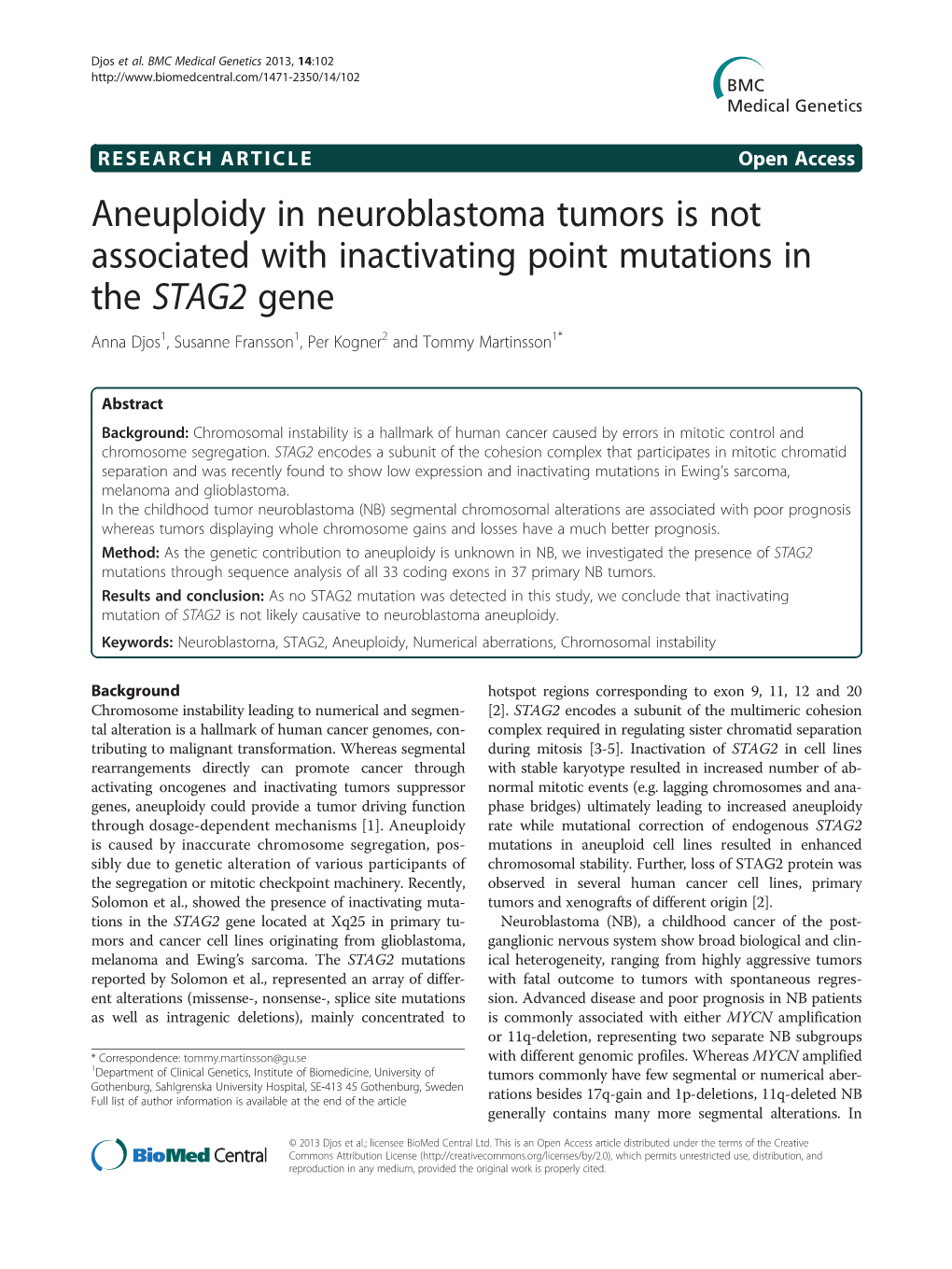 Aneuploidy in Neuroblastoma Tumors Is Not Associated with Inactivating