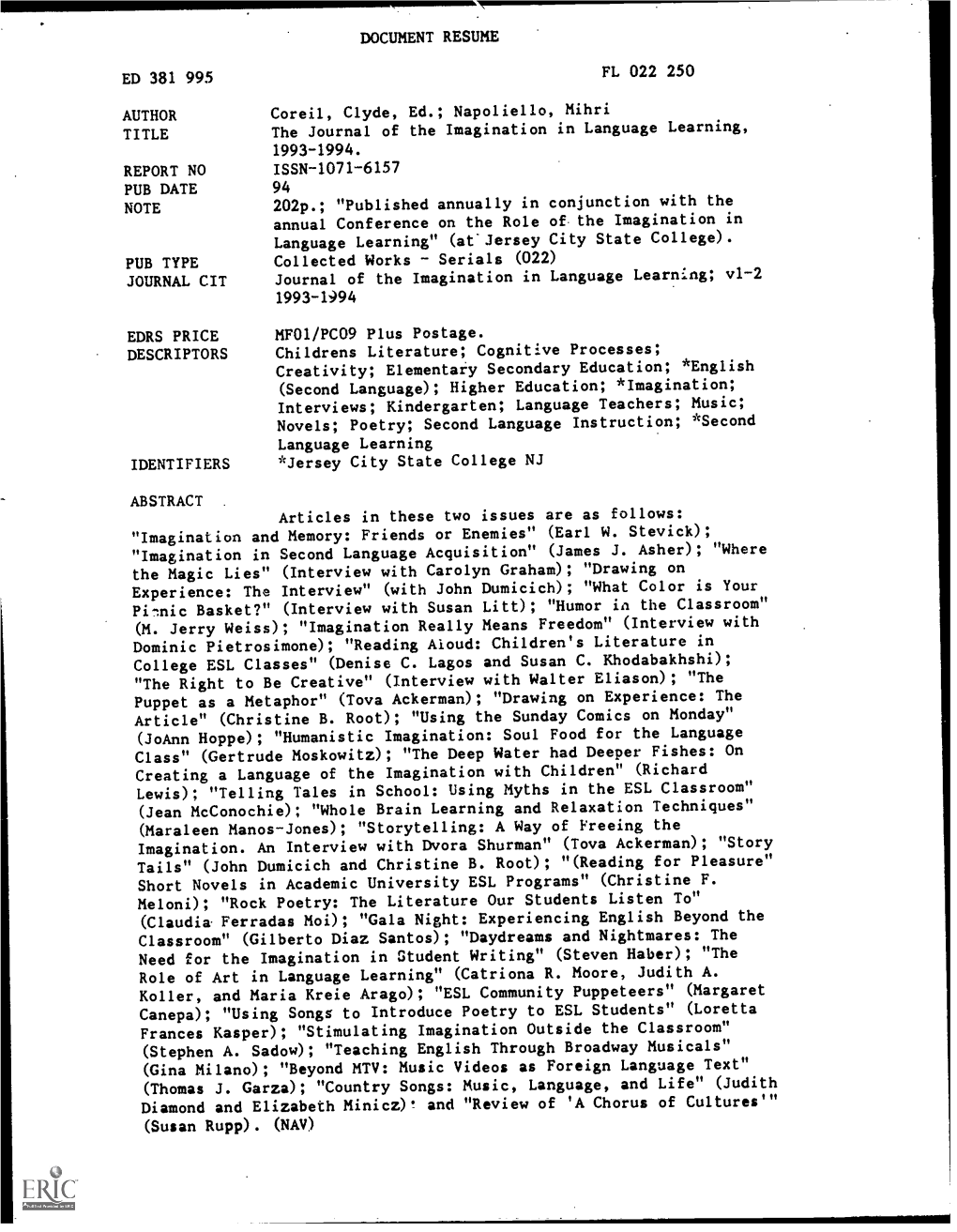 DOCUMENT RESUME ED 381 995 FL 022 250 AUTHOR Coreil