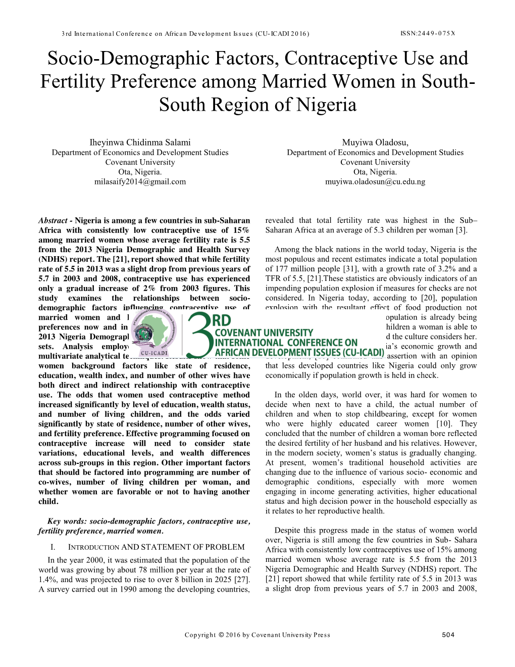 Socio-Demographic Factors, Contraceptive Use and Fertility Preference Among Married Women in South- South Region of Nigeria