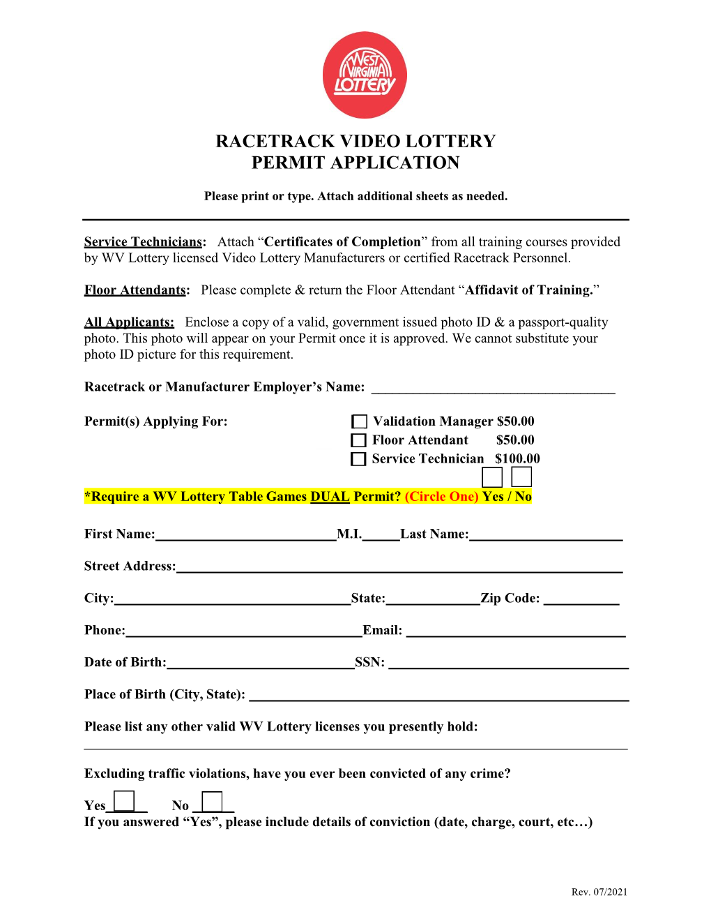 Racetrack Video Lottery Permit Application