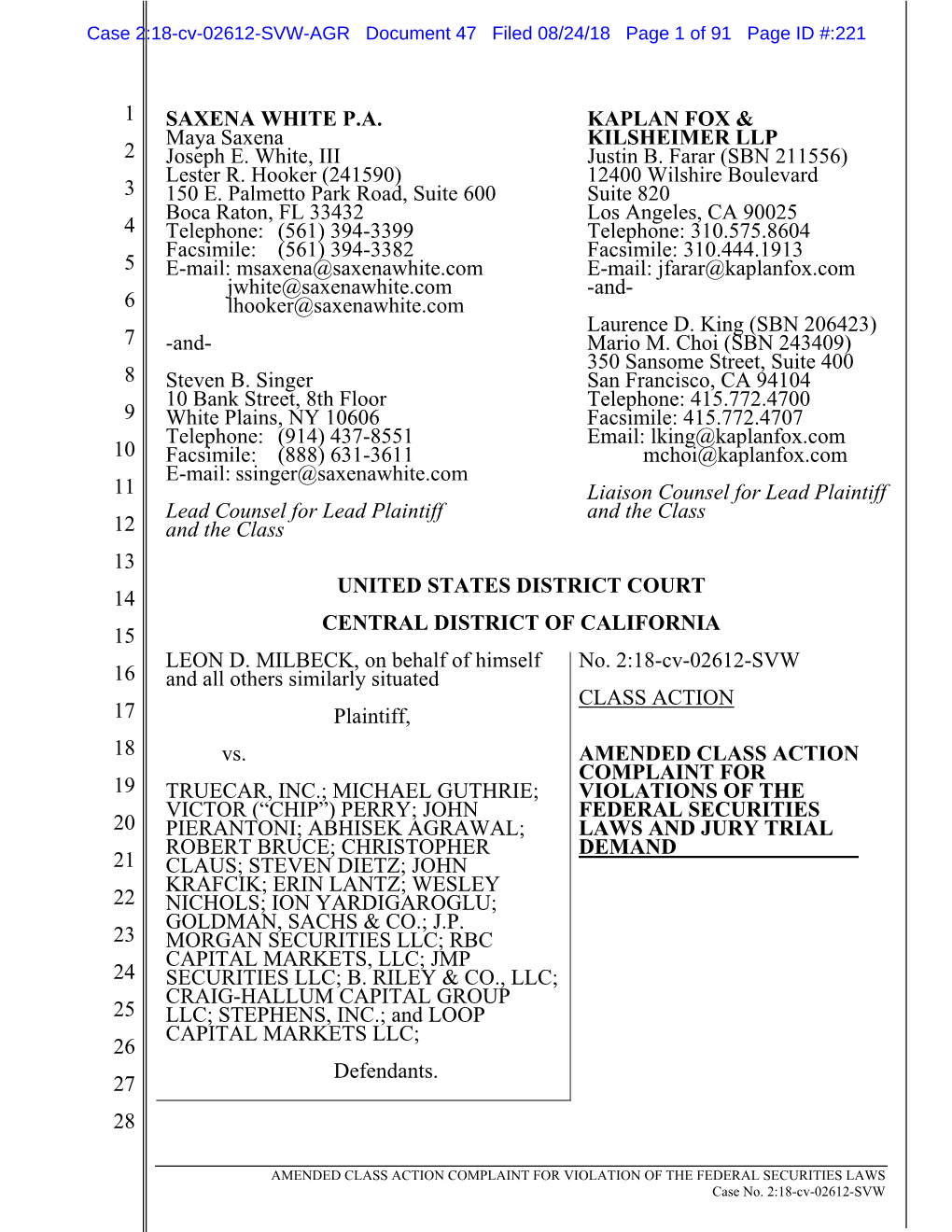 Leon D. Milbeck, Et Al. V. Truecar, Inc., Et Al. 18-CV-02612-Amended Class Action Complaint for Violations of the Federal Securi