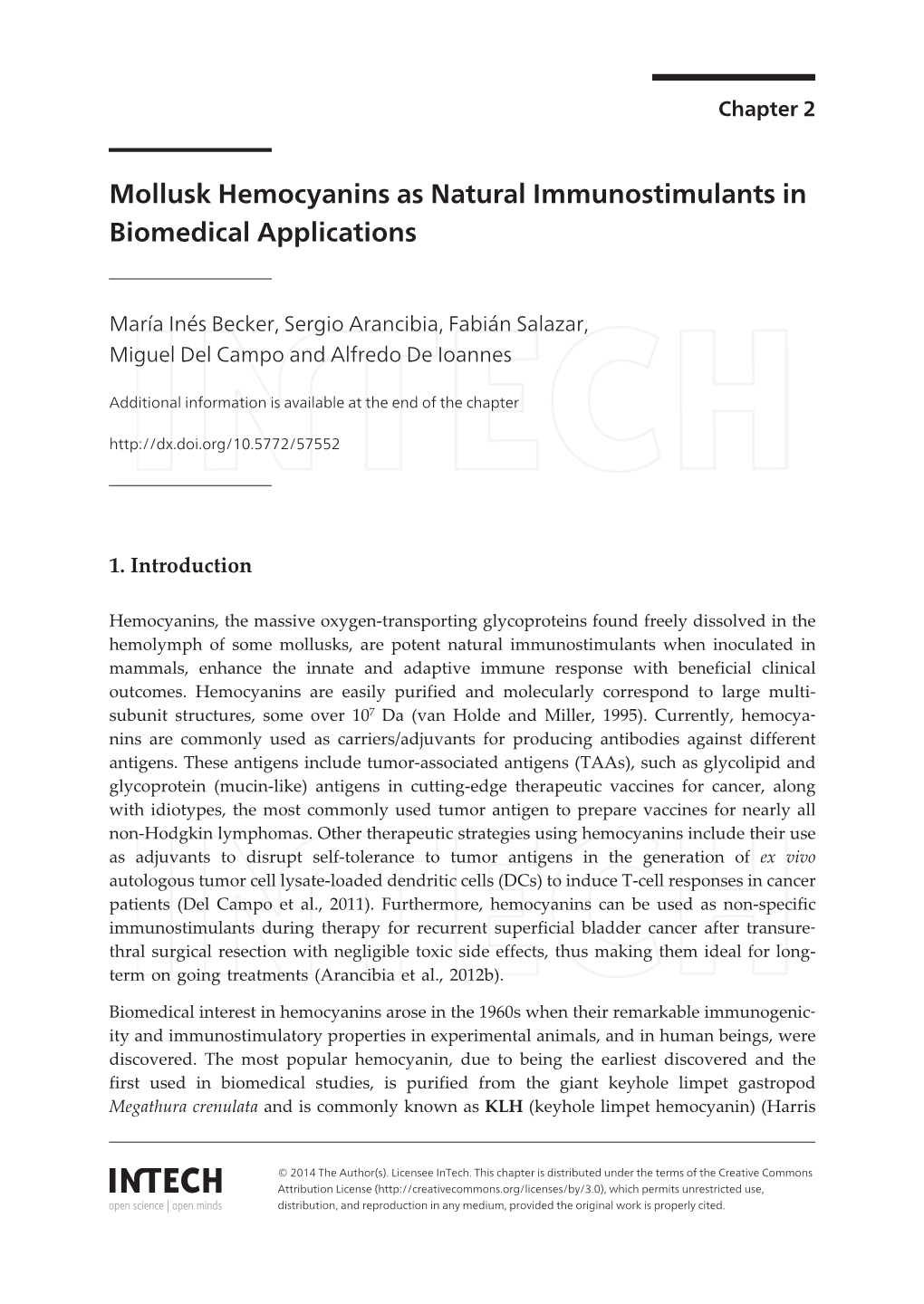 Mollusk Hemocyanins As Natural Immunostimulants in Biomedical Applications