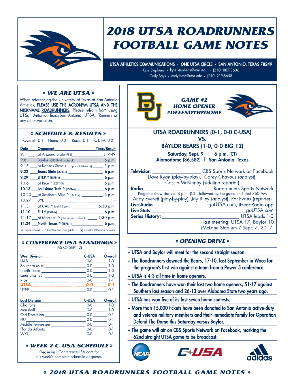 2018 Utsa Roadrunners Football Game Notes