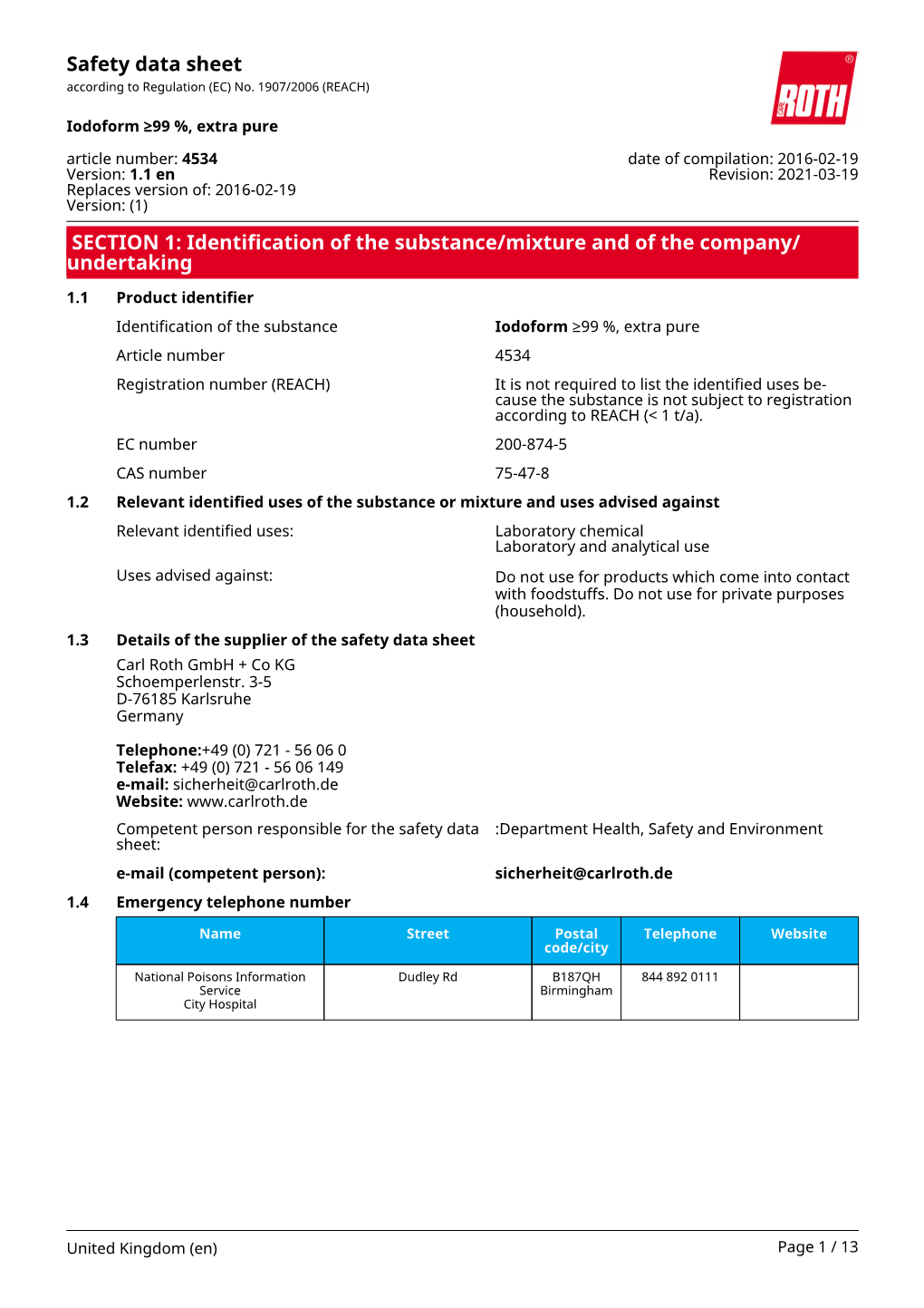 Safety Data Sheet: Iodoform