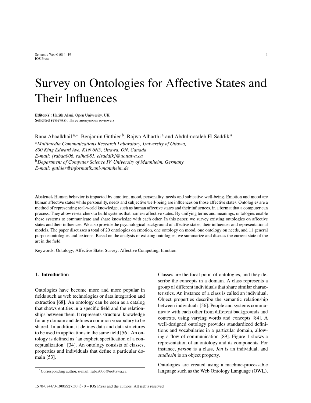 Survey on Ontologies for Affective States and Their Influences