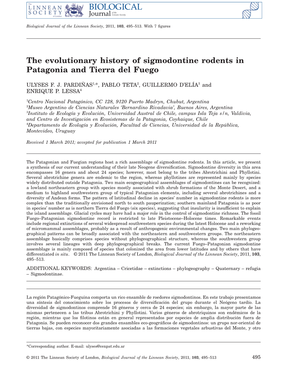 The Evolutionary History of Sigmodontine Rodents in Patagonia and Tierra Del Fuego