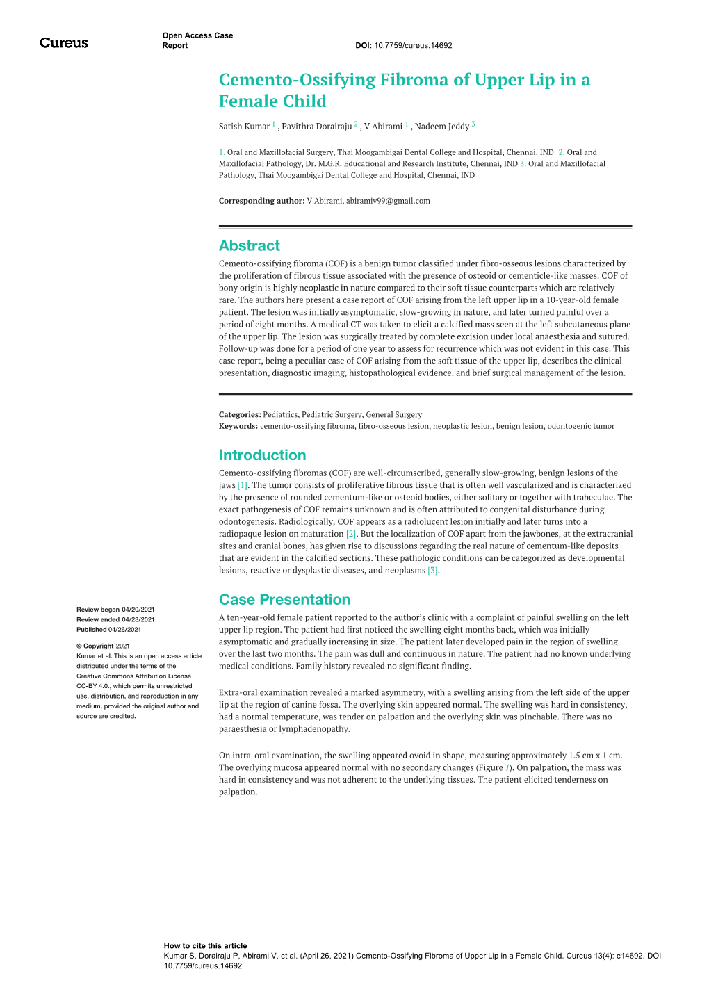 Cemento-Ossifying Fibroma of Upper Lip in a Female Child