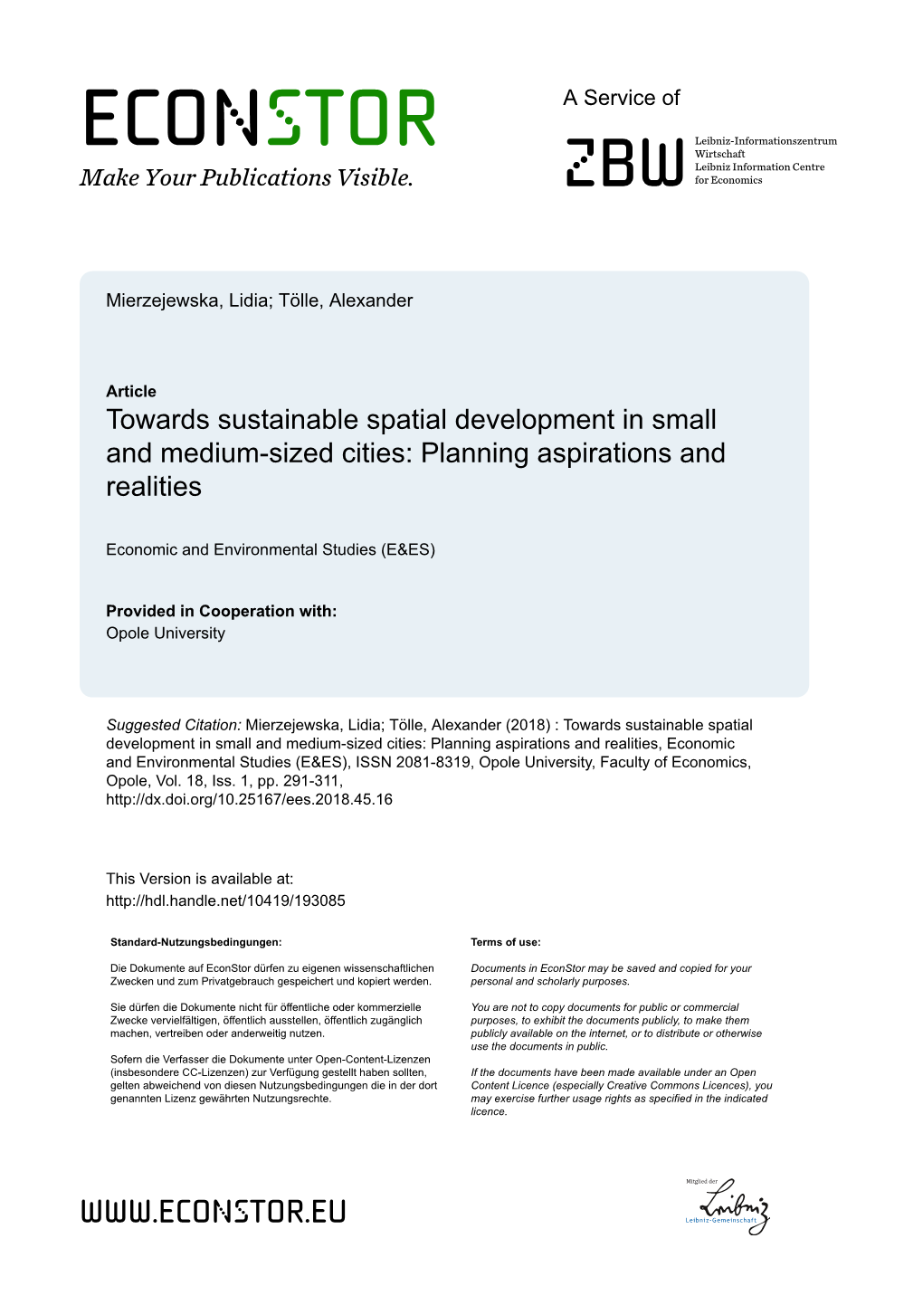 Towards Sustainable Spatial Development in Small and Medium-Sized Cities: Planning Aspirations and Realities