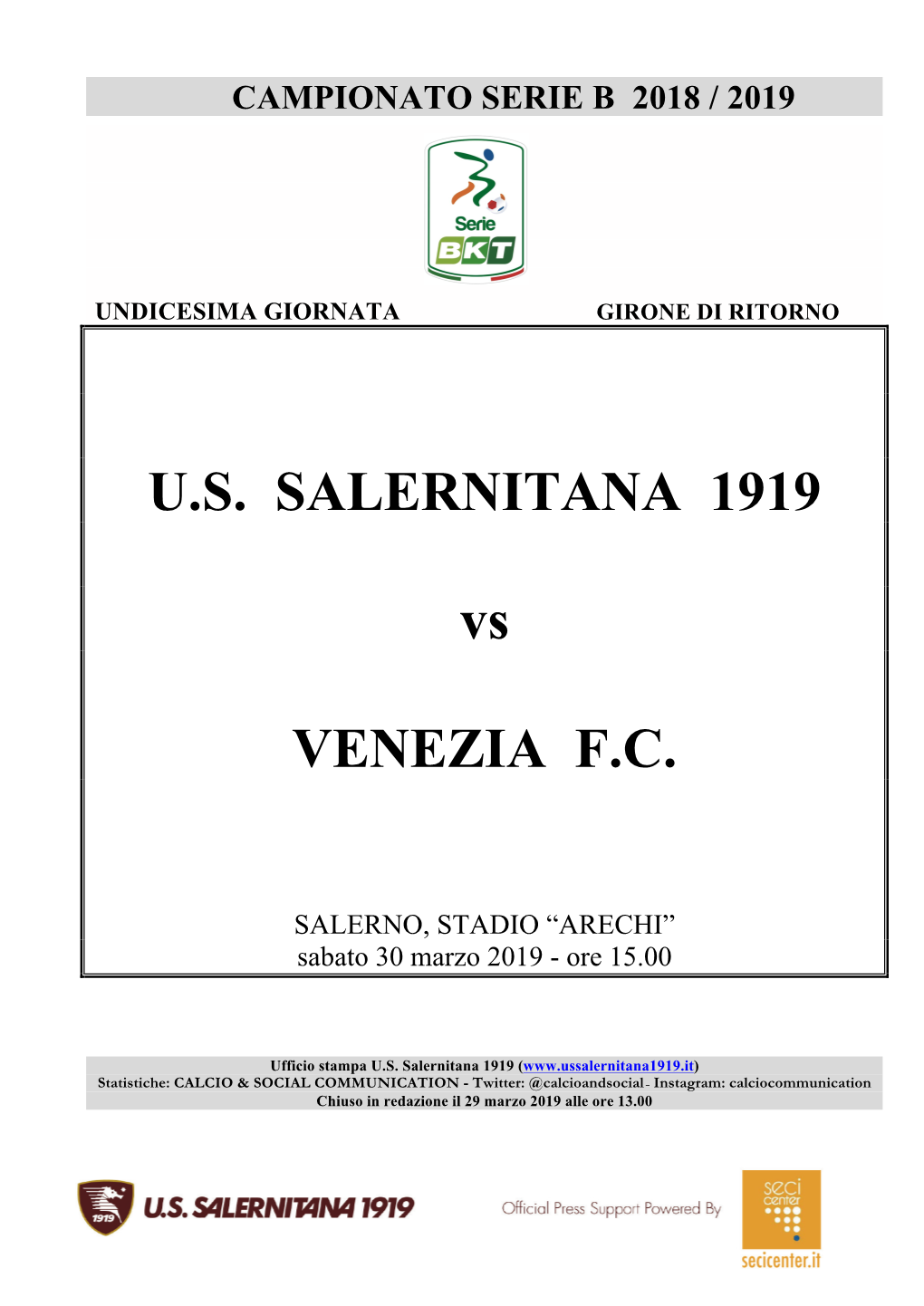 U.S. SALERNITANA 1919 Vs VENEZIA F.C
