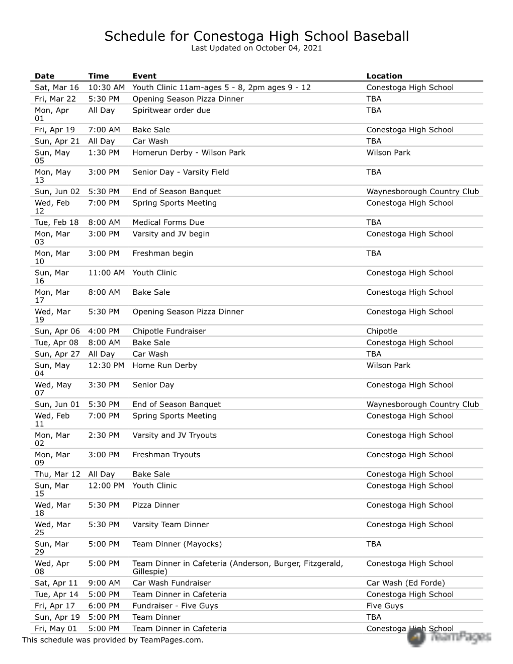 Schedule for Conestoga High School Baseball Last Updated on October 04, 2021