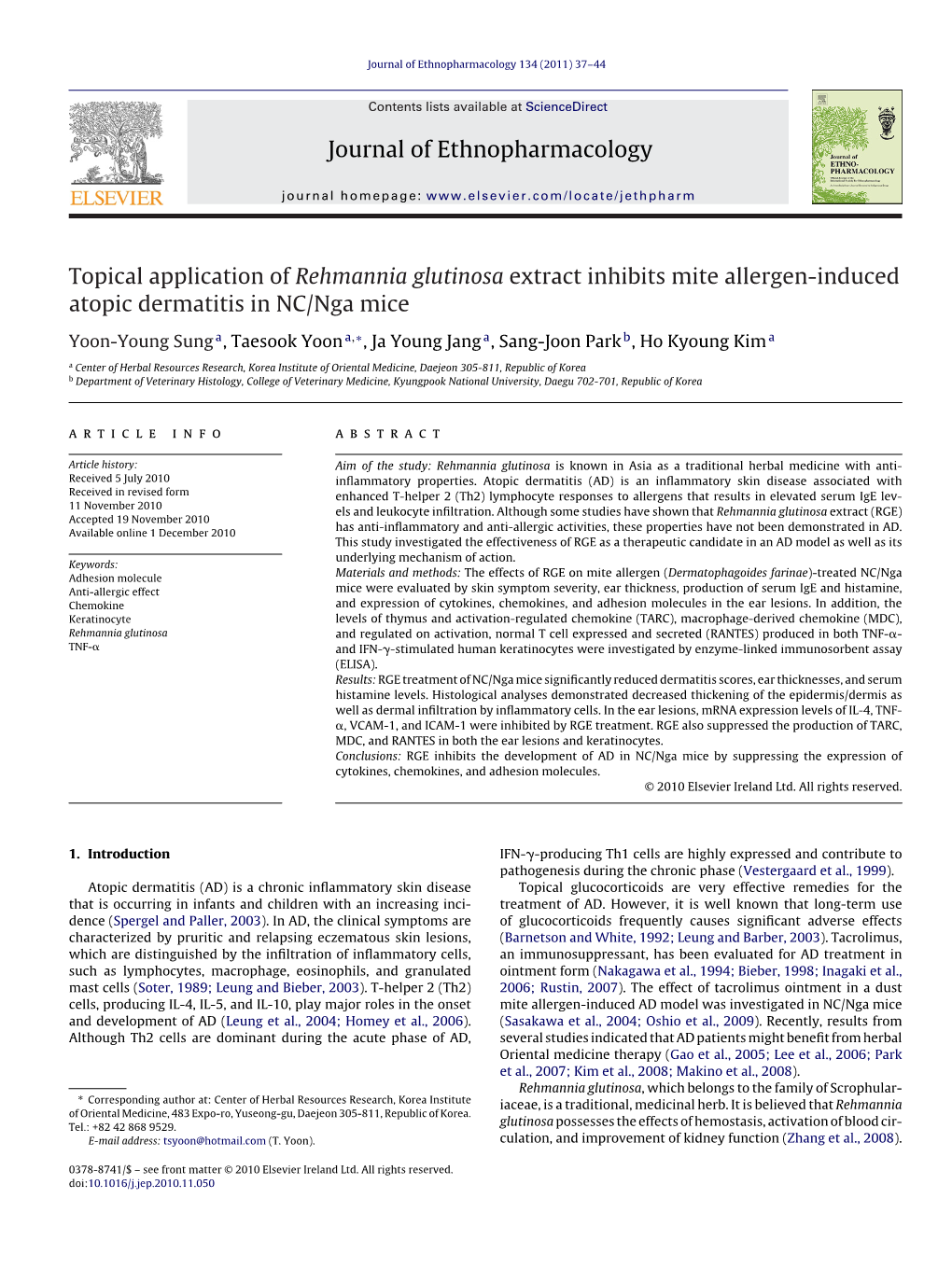 Topical Application of Rehmannia Glutinosa Extract Inhibits Mite Allergen-Induced Atopic Dermatitis in NC/Nga Mice