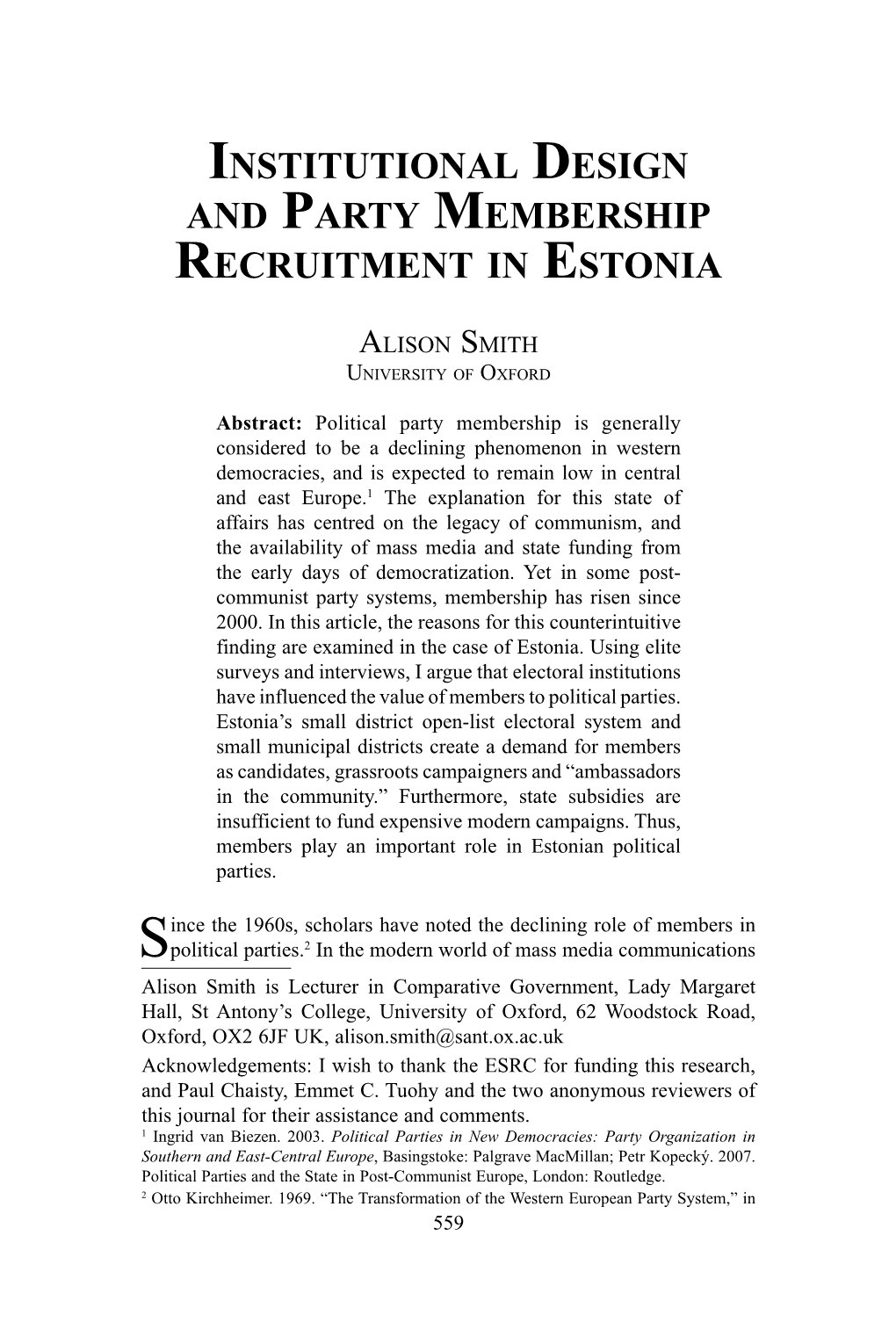 Institutional Design and Party Membership Recruitment in Estonia