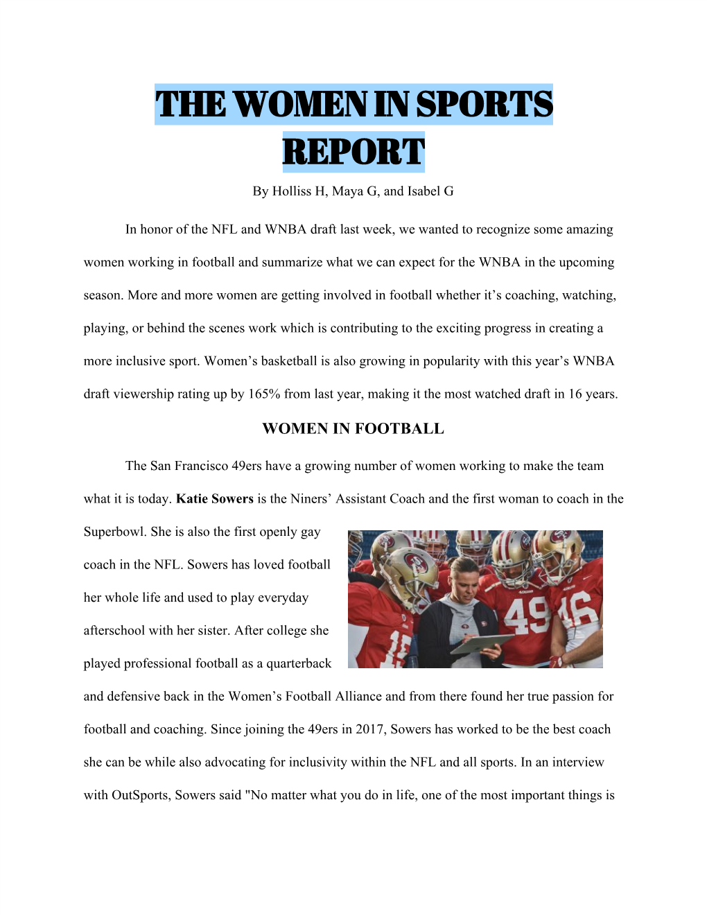 THE WOMEN in SPORTS REPORT by Holliss H, Maya G, and Isabel G