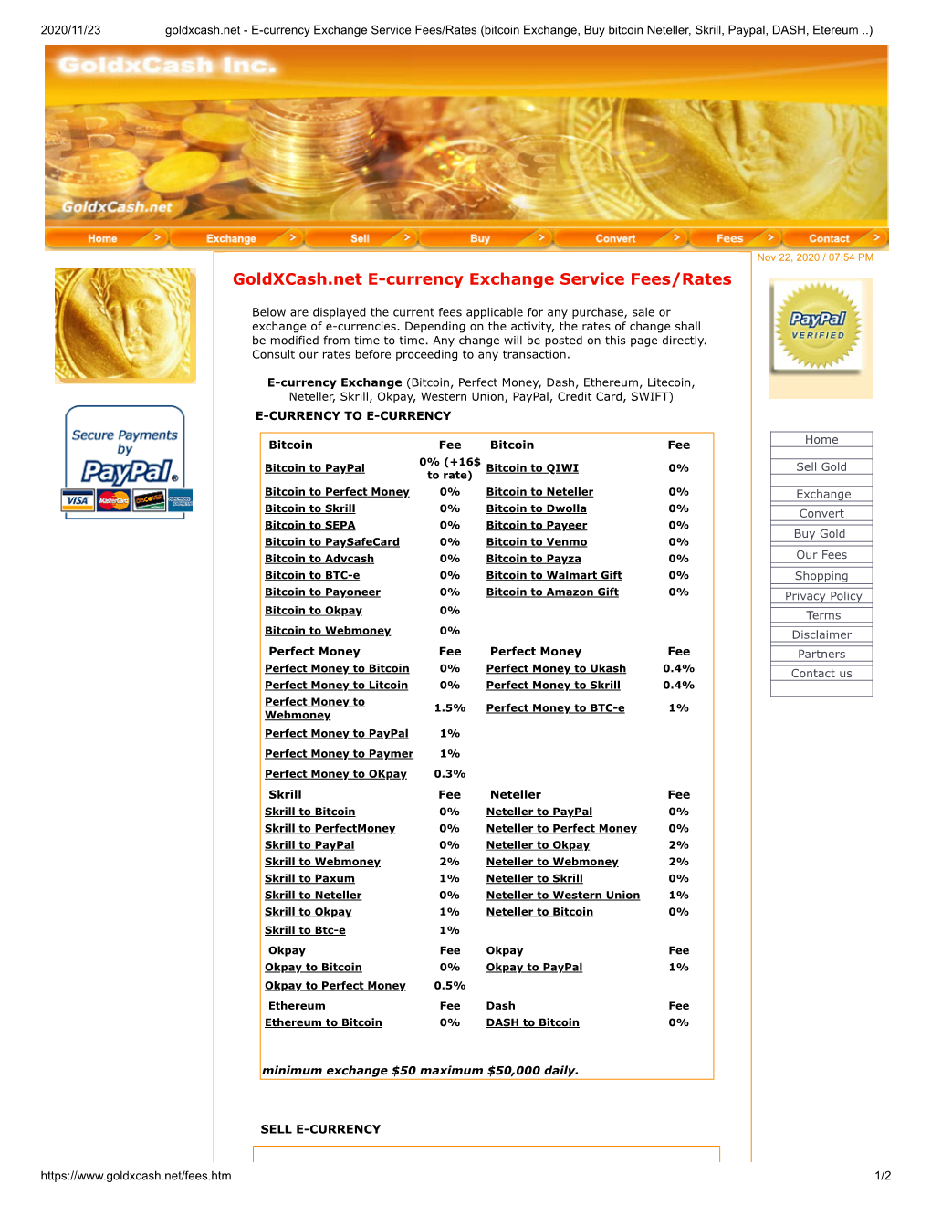 Goldxcash.Net E-Currency Exchange Service Fees/Rates