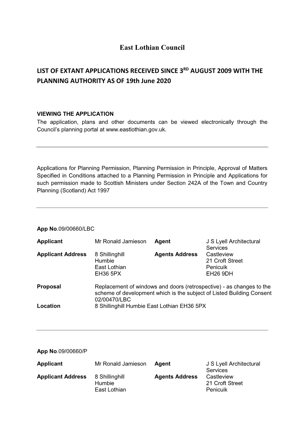 East Lothian Council LIST of EXTANT APPLICATIONS RECEIVED SINCE 3RD AUGUST 2009 with the PLANNING AUTHORITY AS of 19Th June 2020