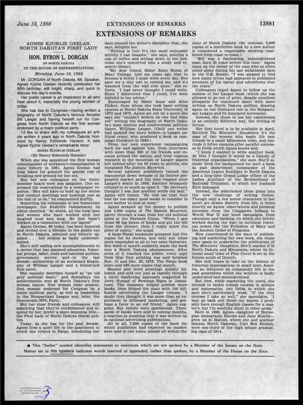 EXTENSIONS of REMARKS 13881 EXTENSIONS of REMARKS AGNES KJORLIE GEELAN, Days Around the Writer's Discipline That, She State of North Dakota