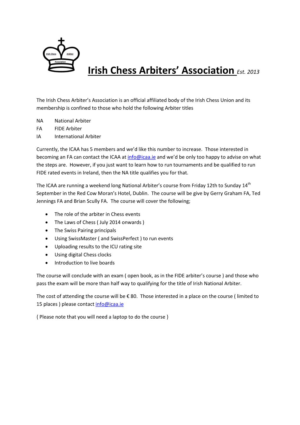 Irish Chess Arbiters' Association Est. 2013