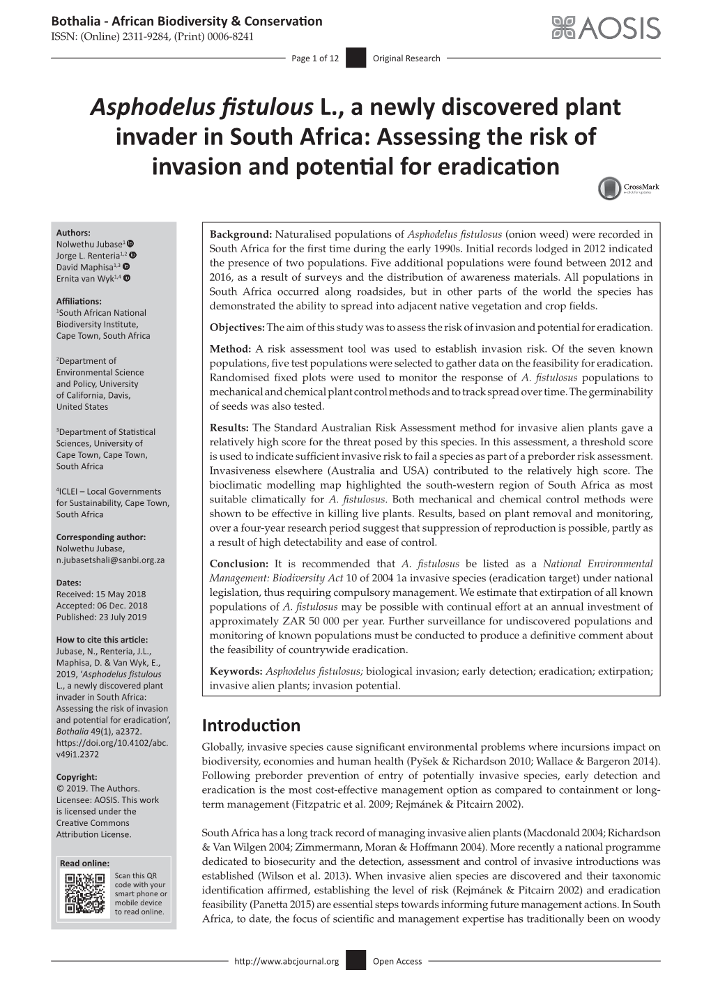 Asphodelus Fistulous L., a Newly Discovered Plant Invader in South Africa: Assessing the Risk of Invasion and Potential for Eradication