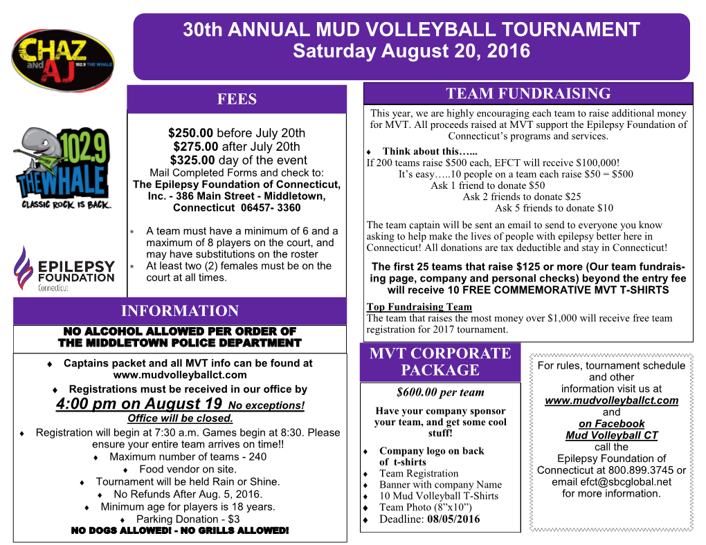 30Th ANNUAL MUD VOLLEYBALL TOURNAMENT Saturday August 20, 2016