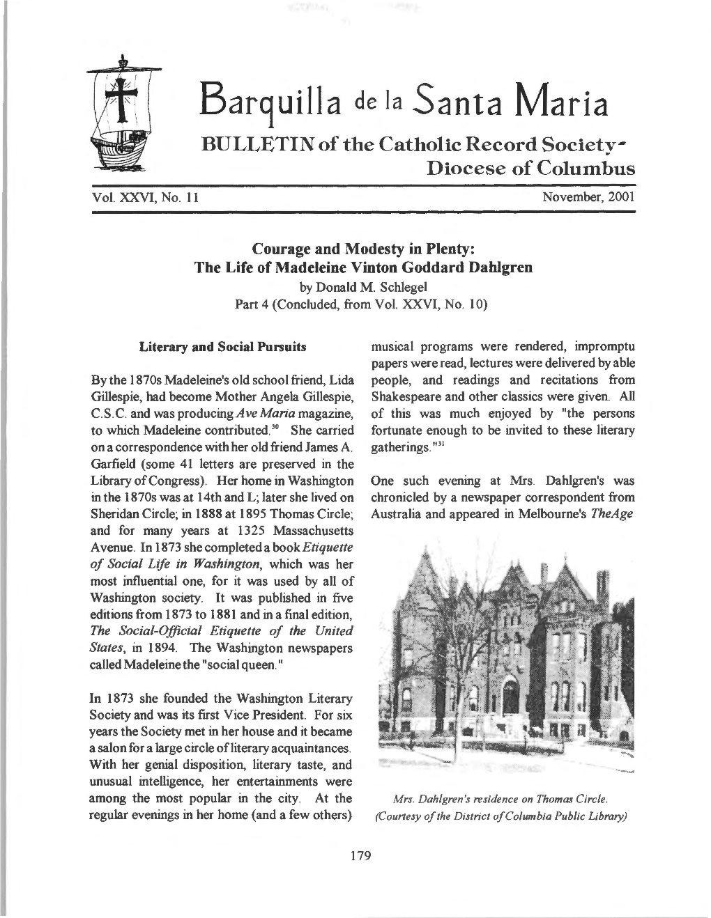 Barquilla De Ia Santa Maria BULLETIN of the Catholic Record Society­ Diocese of Columbus Vol