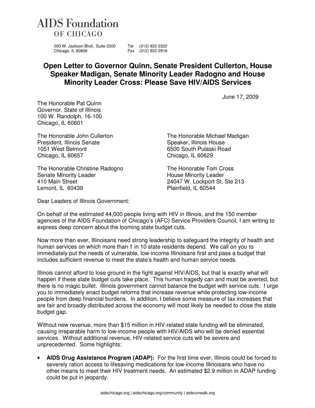 Open Letter to Governor Quinn, Senate President Cullerton, House