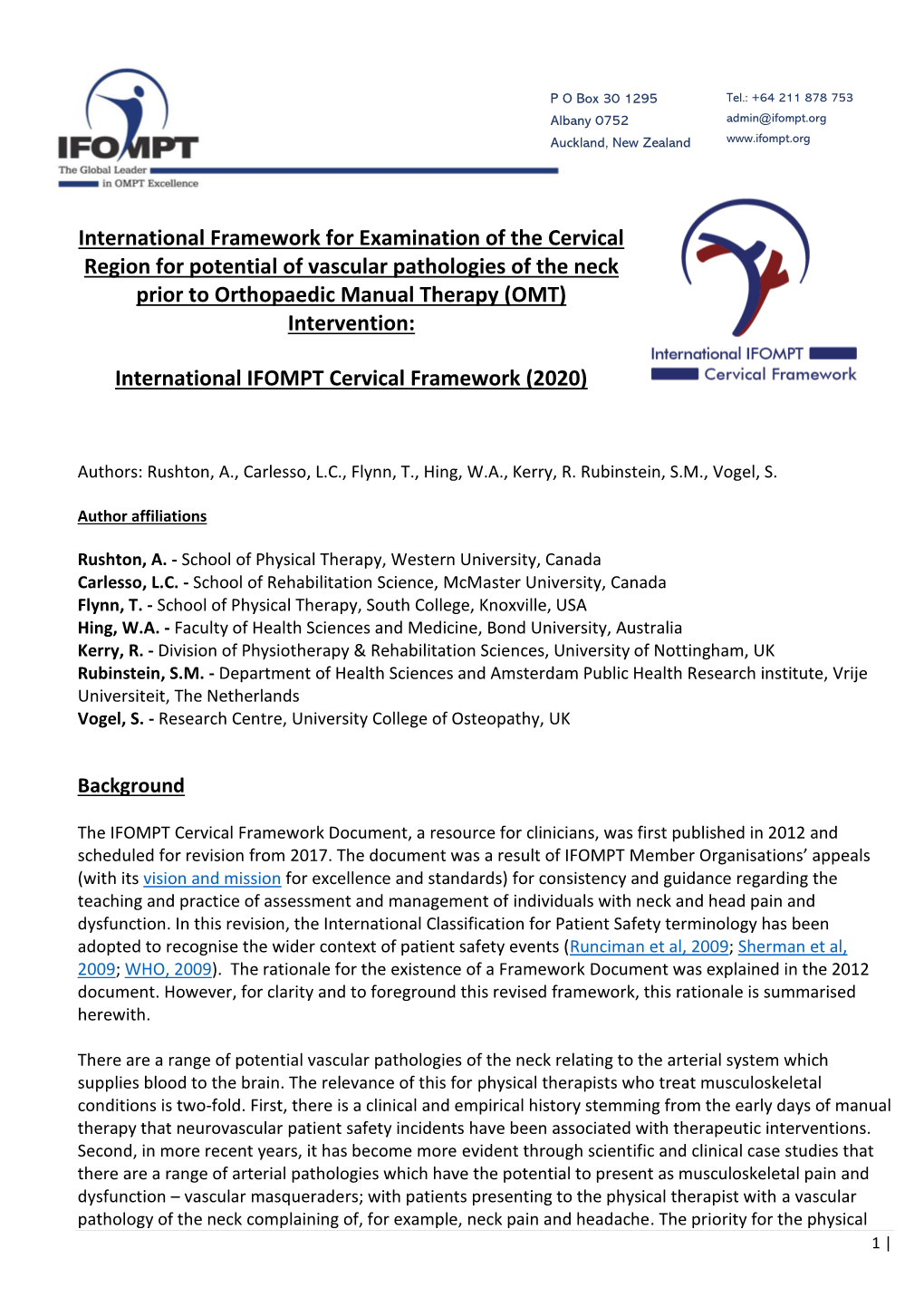 International Framework for Examination of the Cervical Region