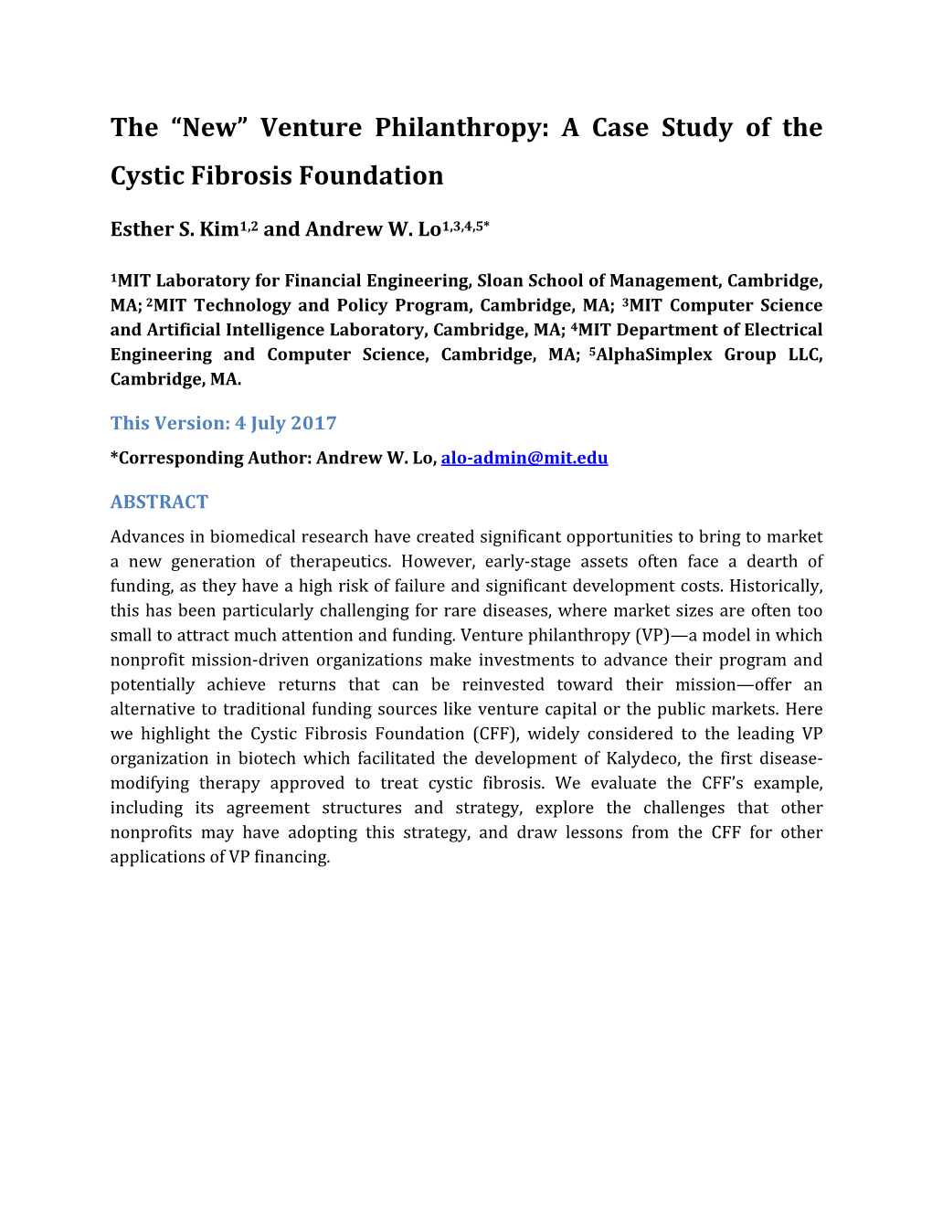 Venture Philanthropy: a Case Study of the Cystic Fibrosis Foundation