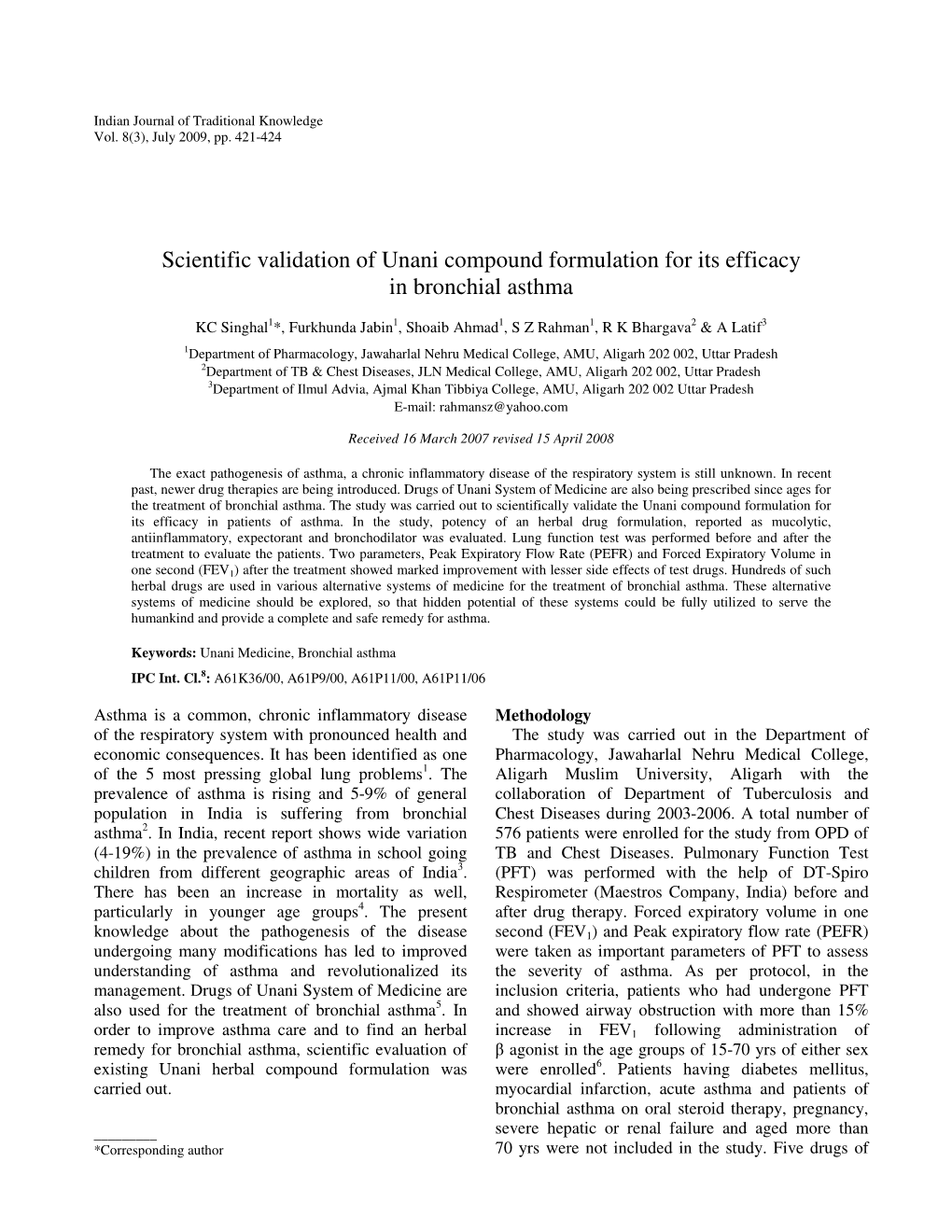 Scientific Validation of Unani Compound Formulation for Its Efficacy in Bronchial Asthma