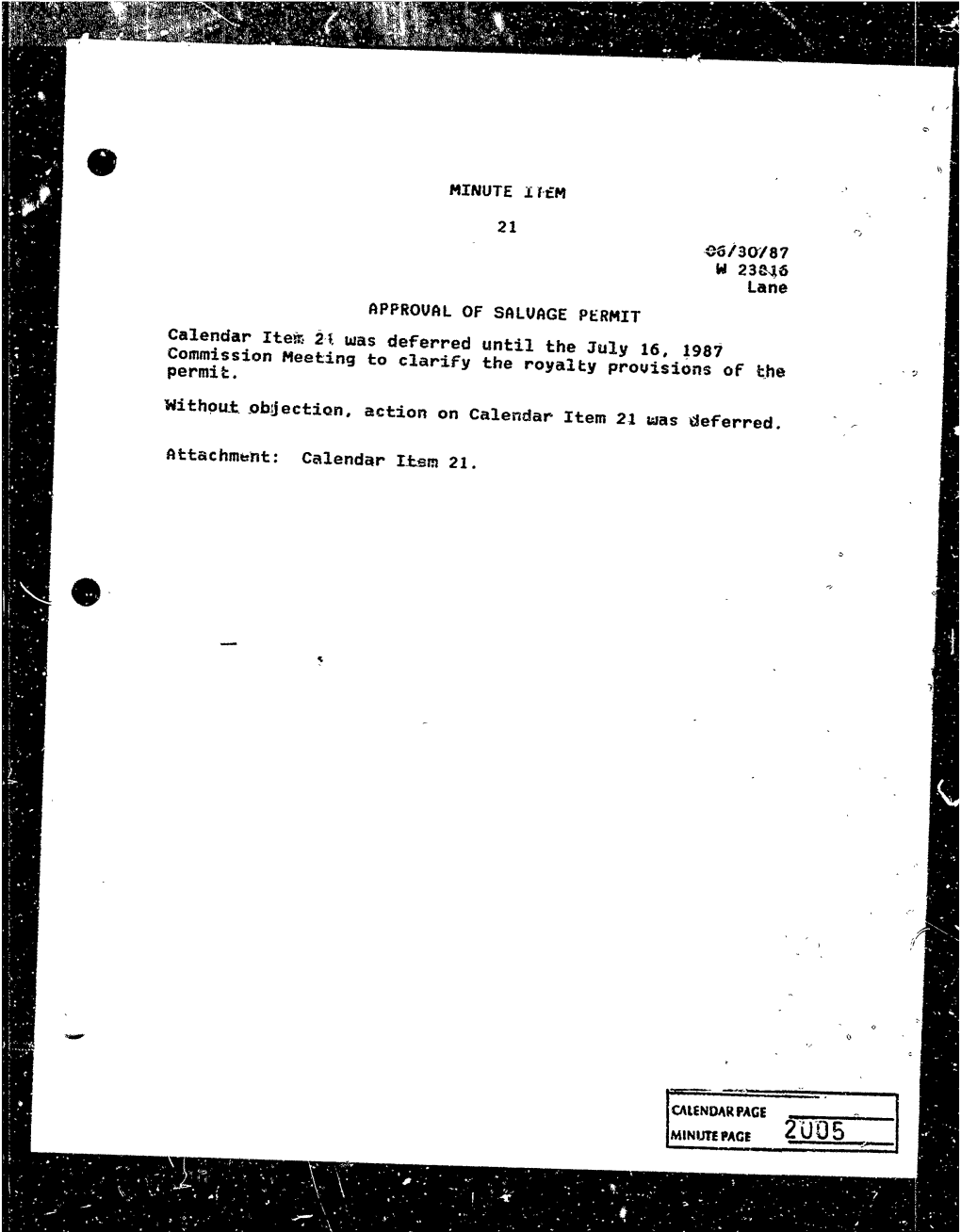 APPROVAL of SALVAGE PERMIT Calendar Item 2L Was Deferred Until the July 16, ~987 Commissionpermit