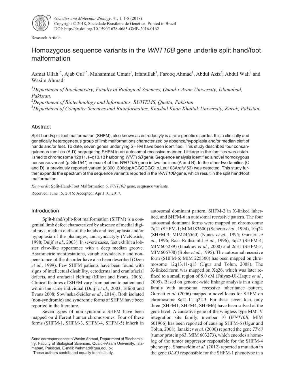 Homozygous Sequence Variants in the WNT10B Gene Underlie Split Hand/Foot Malformation